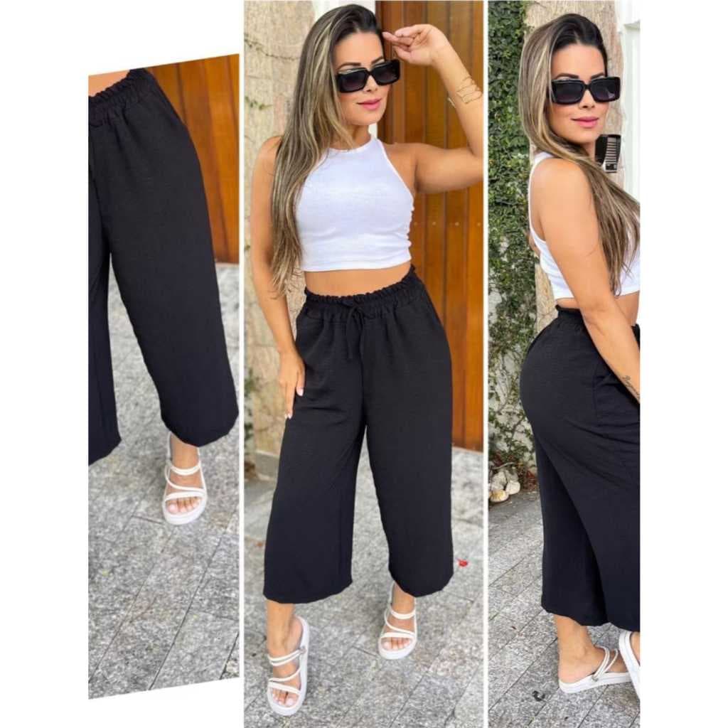 Calça Pantalona Pantacurt Feminina Cintura Alta com Bolso Elástico Tecido Duna não Amassa