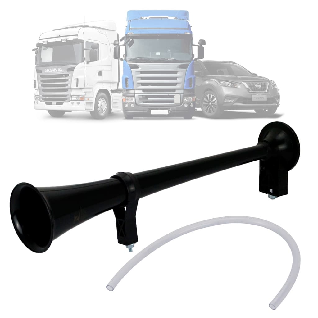 Buzina Ar Corneta Preta Marítima Automotiva Sem Compressor 45cm Caminhão Carro Som Potente