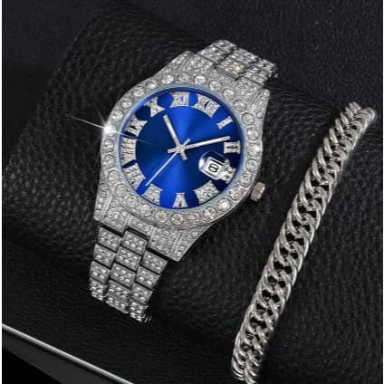 Relógio de luxo para homens, conjunto de joias para homens, bracelete gelado, corrente cubana, com strass