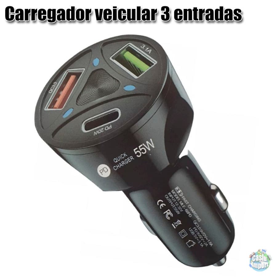 Carregador Veicular com 2 usb A e 1 tipo C