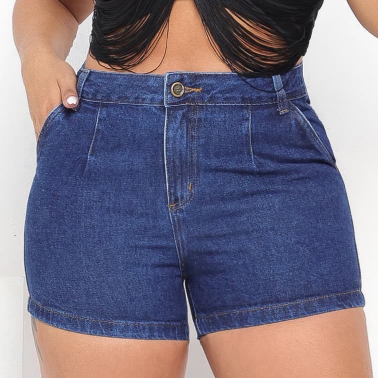 Shorts Jeans Premium Feminino Cintura Alta Tecido Grosso 100% Jeans Barra Virada Alfaiataria