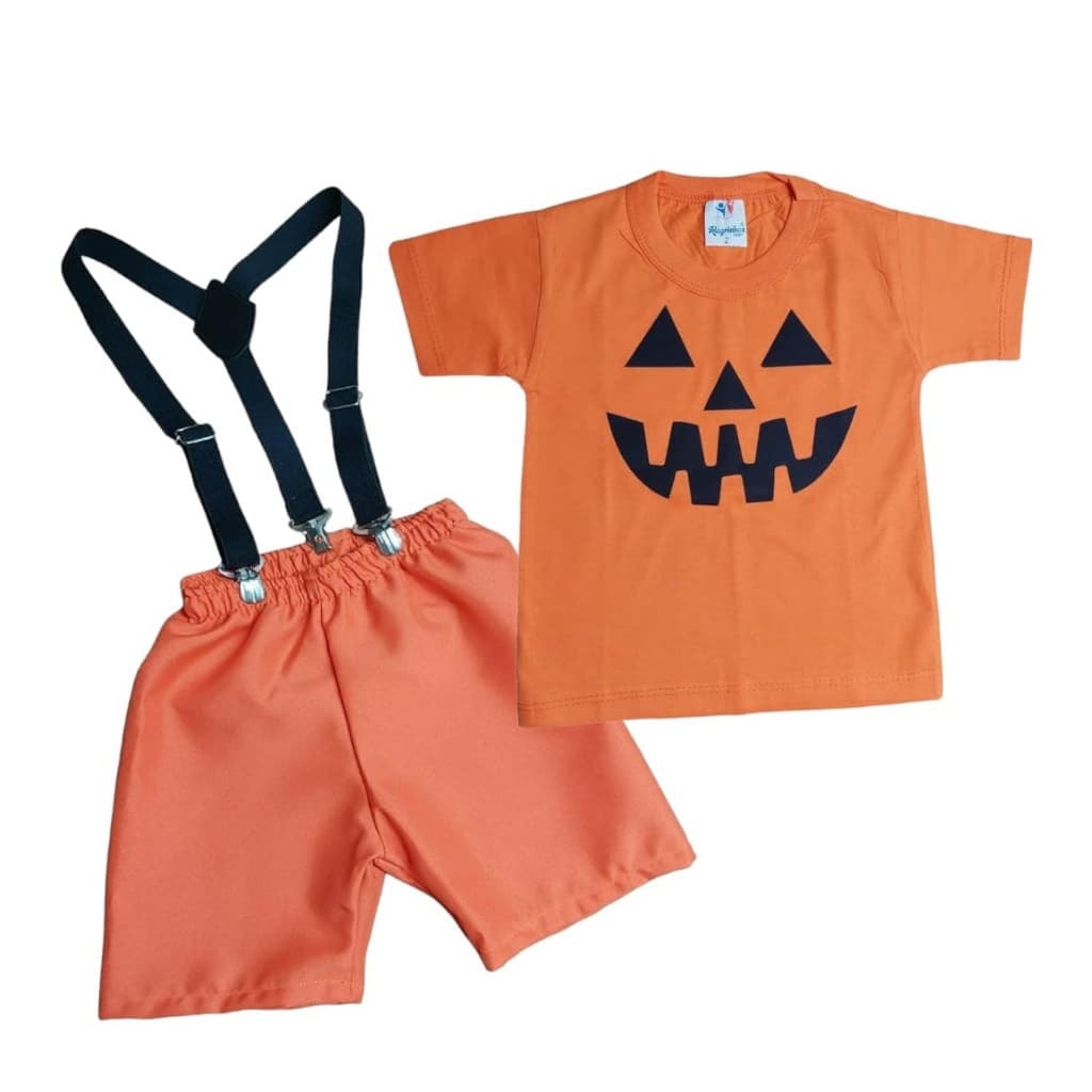 Conjunto Halloween Abóbora Menino Festa Fantasia Infantil 3 Peças Camiseta, Short e Suspensório