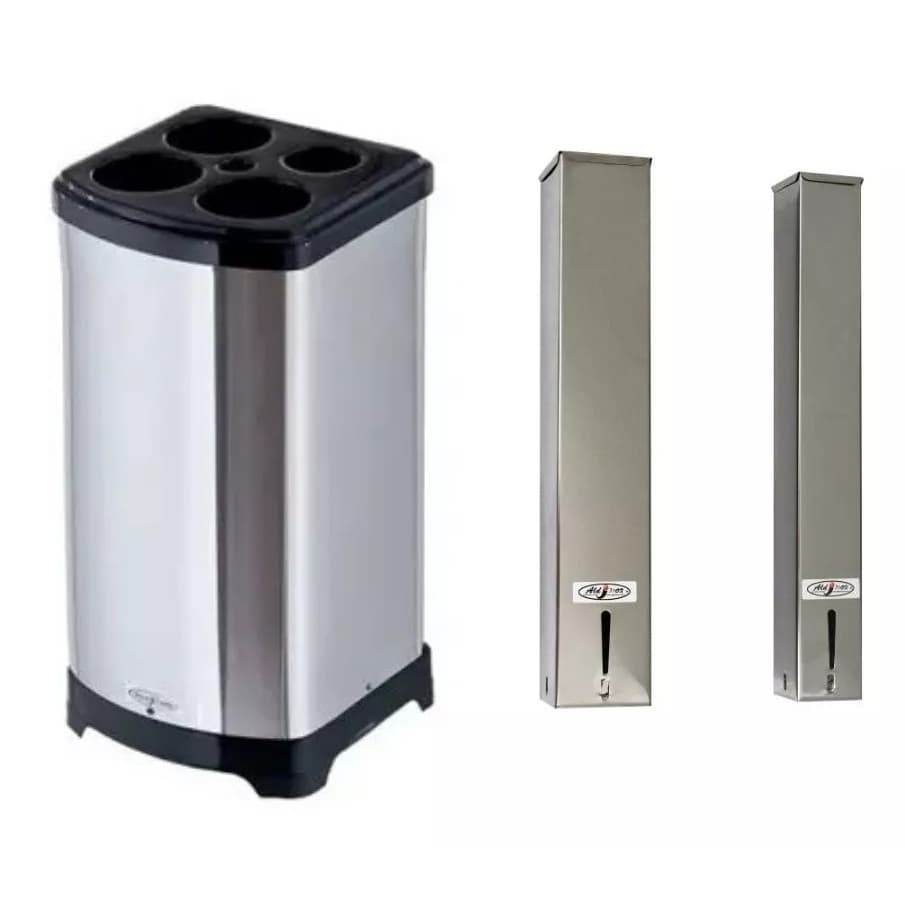 Kit Lixeira Inox E Porta Copo Descartável Agua 200ml Café 50ml Suporte Inox