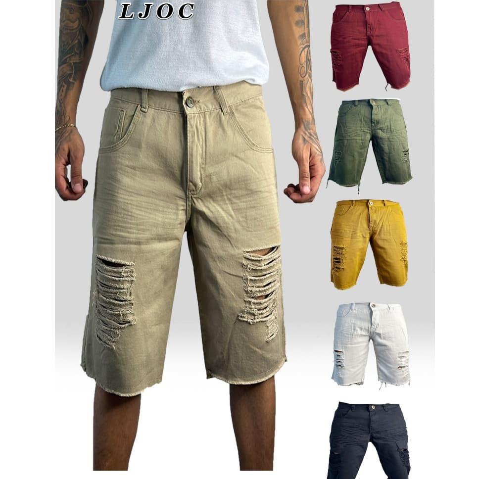 Moda Bermuda jeans Colorida sarja Masculino Rasgada em relevo Preto Branco Caramelo—tomada De Fábrica