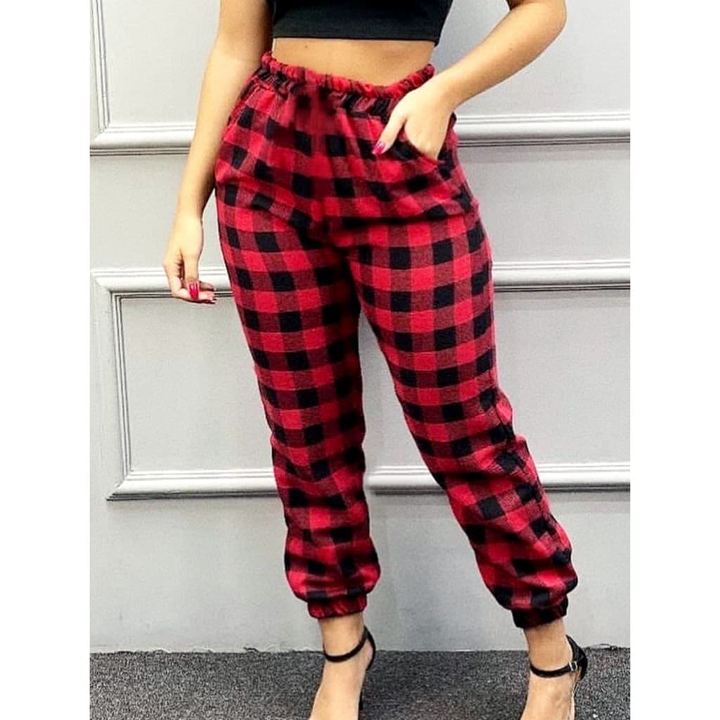 Calça Feminina Xadrez Jogger em Flanela com Bolso - Moda Blogueira (P M G)
