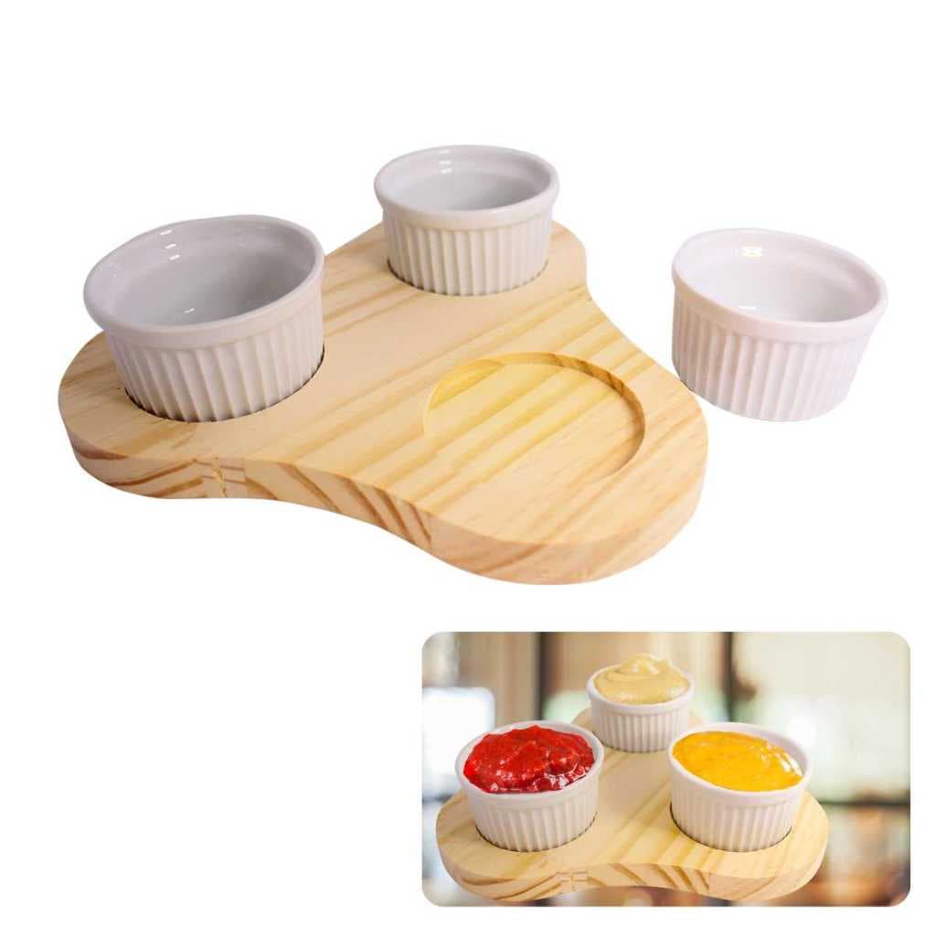 Kit 3 Ramequim/ Potes Em Cerâmica Branca + Base De Madeira