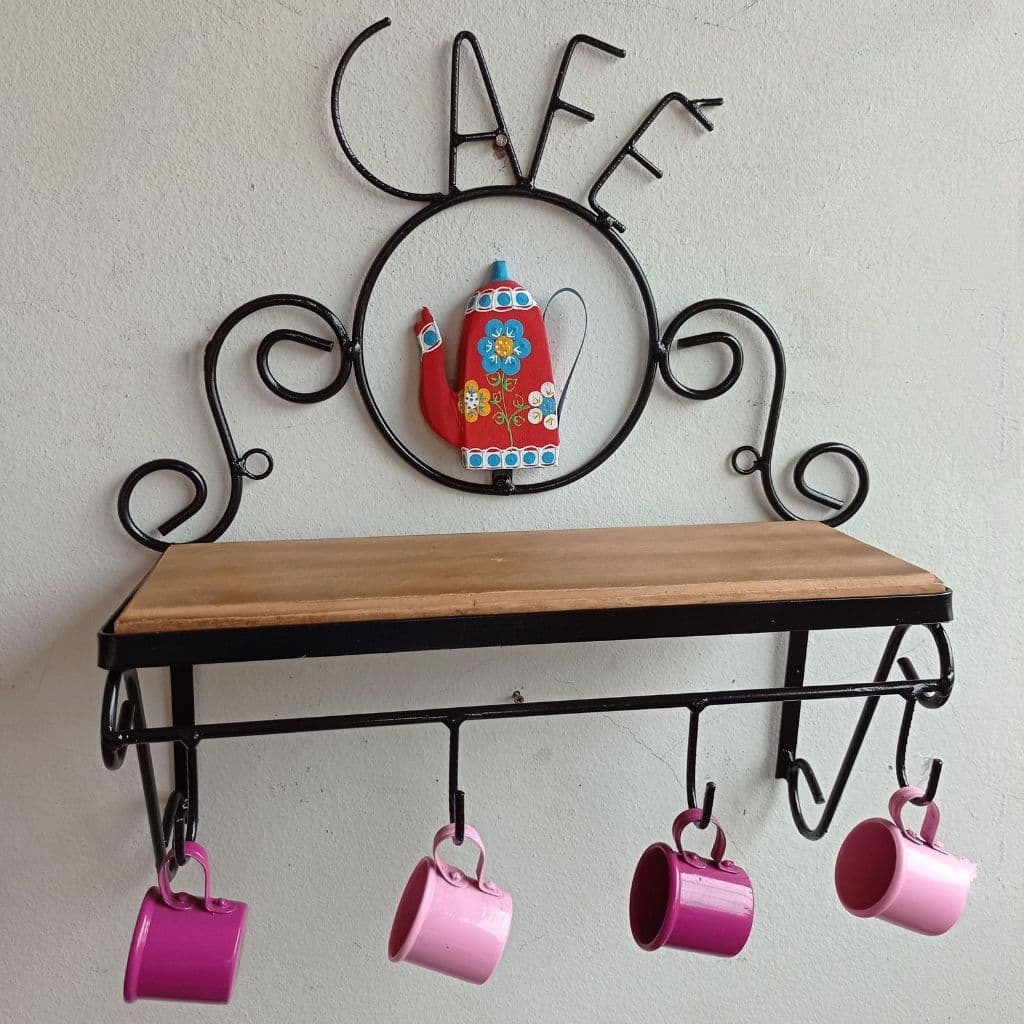 Cantinho cafe suporte xicara bule artesanato ferro madeira prateleira organizador fabricação propria