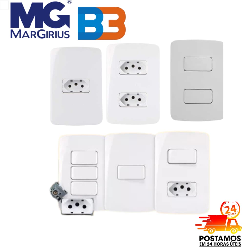 Tomadas e interruptores - Linha B3 MARGIRIUS - Conjunto completo 4x2 Simples/Paralelo 4X4