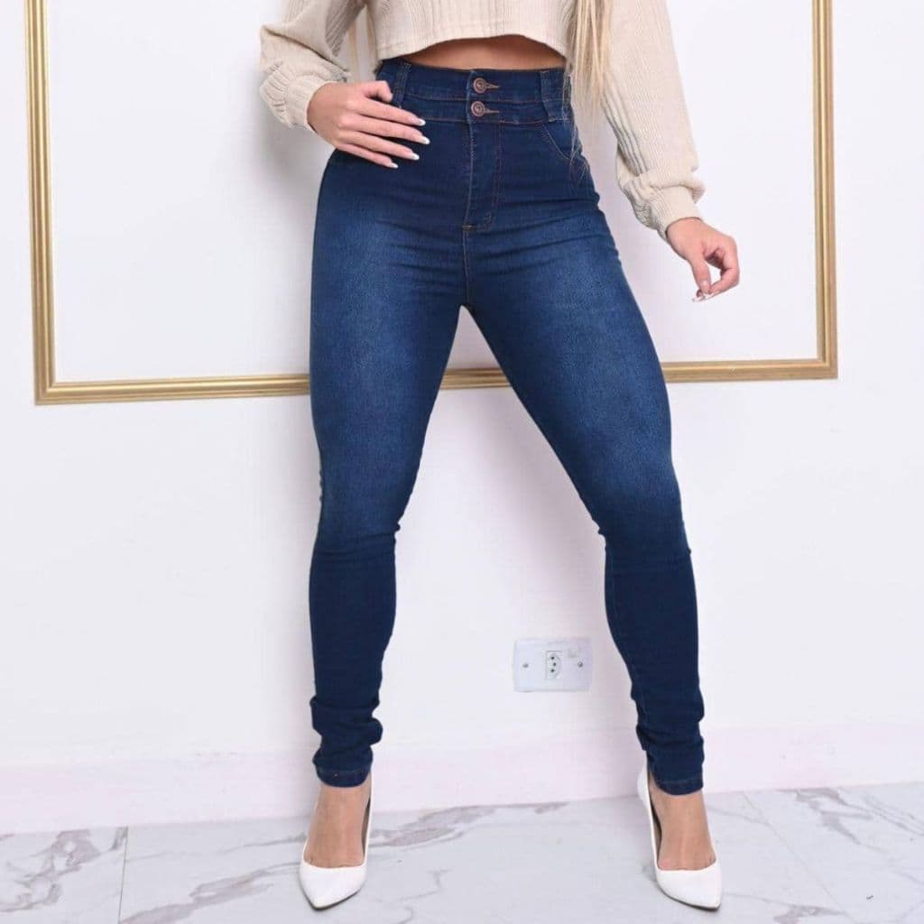 Calça Clássica New Vintage De Cos Alto 2 Botão Com Jeans Azul Escuro
