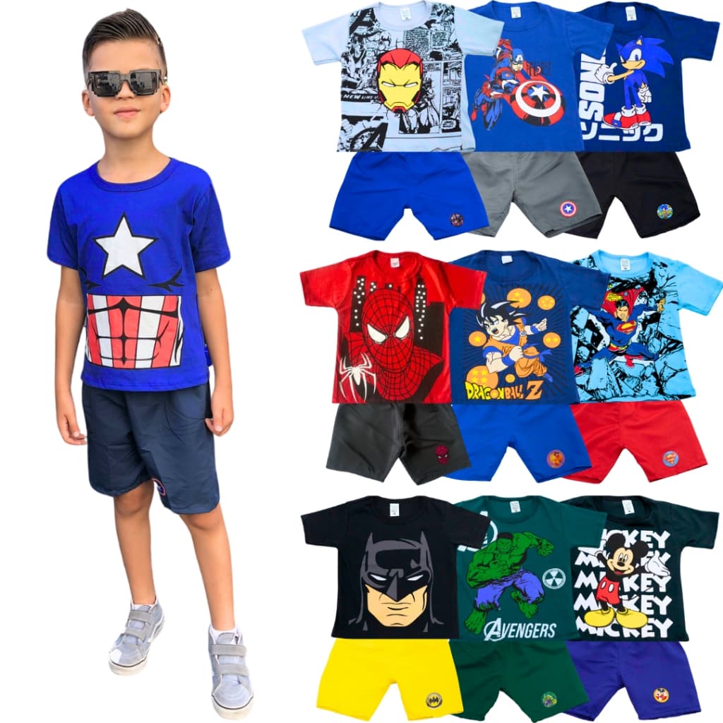 Kit Sortido 6 Peças De Roupas Menino- 3 Camisetas + 3 Bermudas