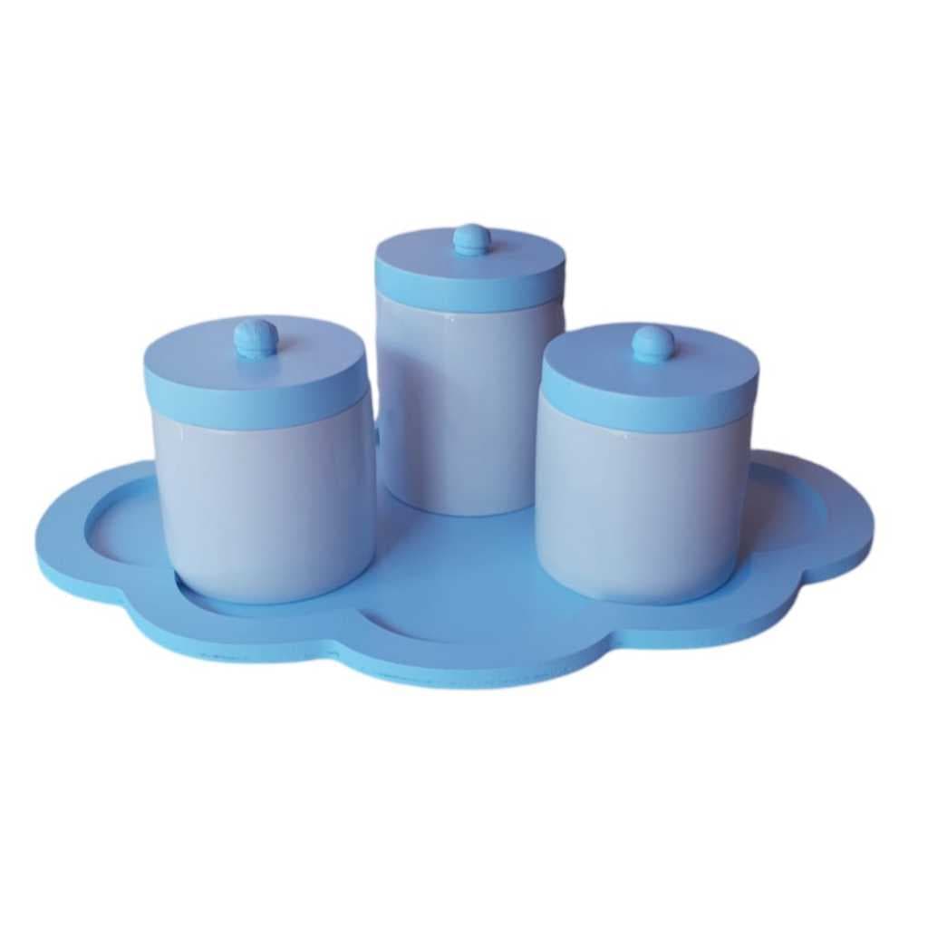 Kit Higiene porcelana potes com tampa e bandeja nuvem azul menino maternidade porta algodão cotonete
