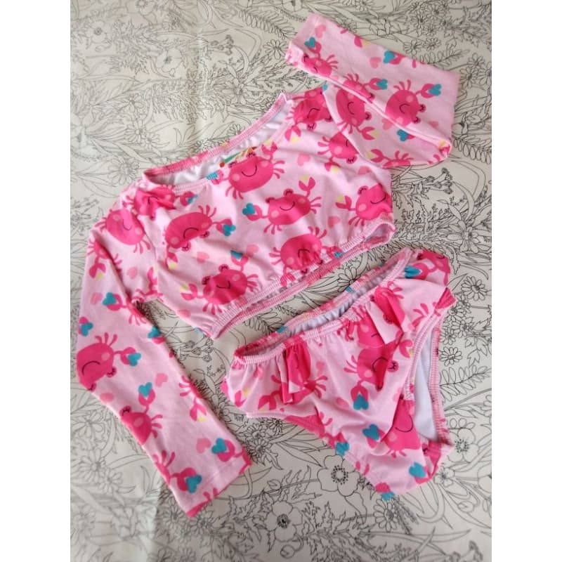 moda praia biquine infantil menina cropped estampado forrado manga longa