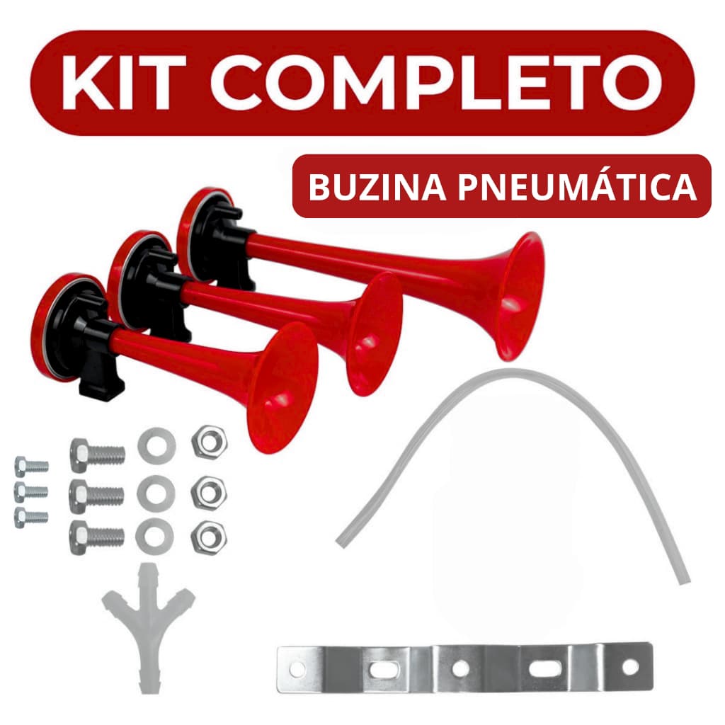 Buzina Ar Sem Compressor Pneumática 3 Cornetas Ar Comprimido Verdureiro Vermelha Universal 12v Caminhão Van Ônibus Carro