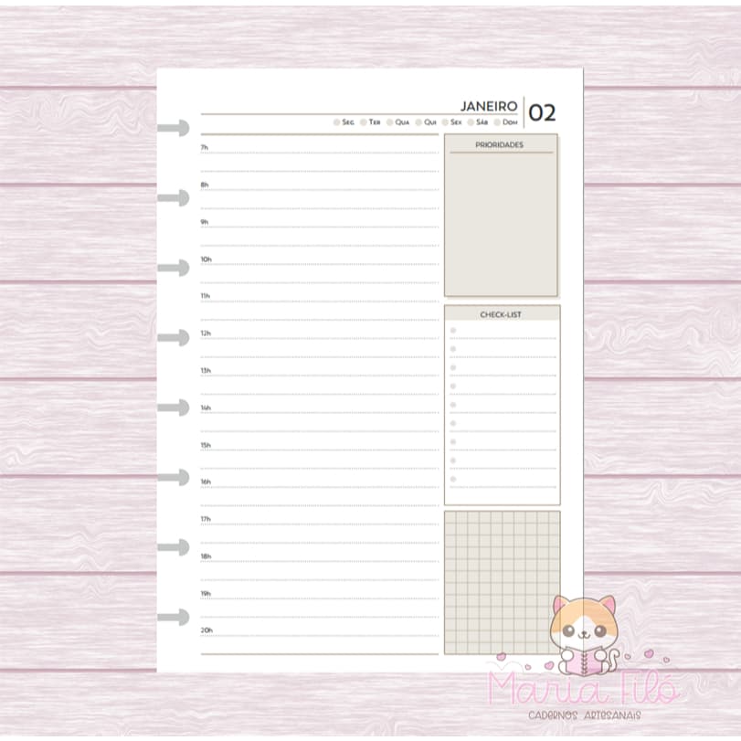 Refil de Agenda Permanente - 1 dia por página com Checklist - Ideal para caderno de discos, sistema inteligente