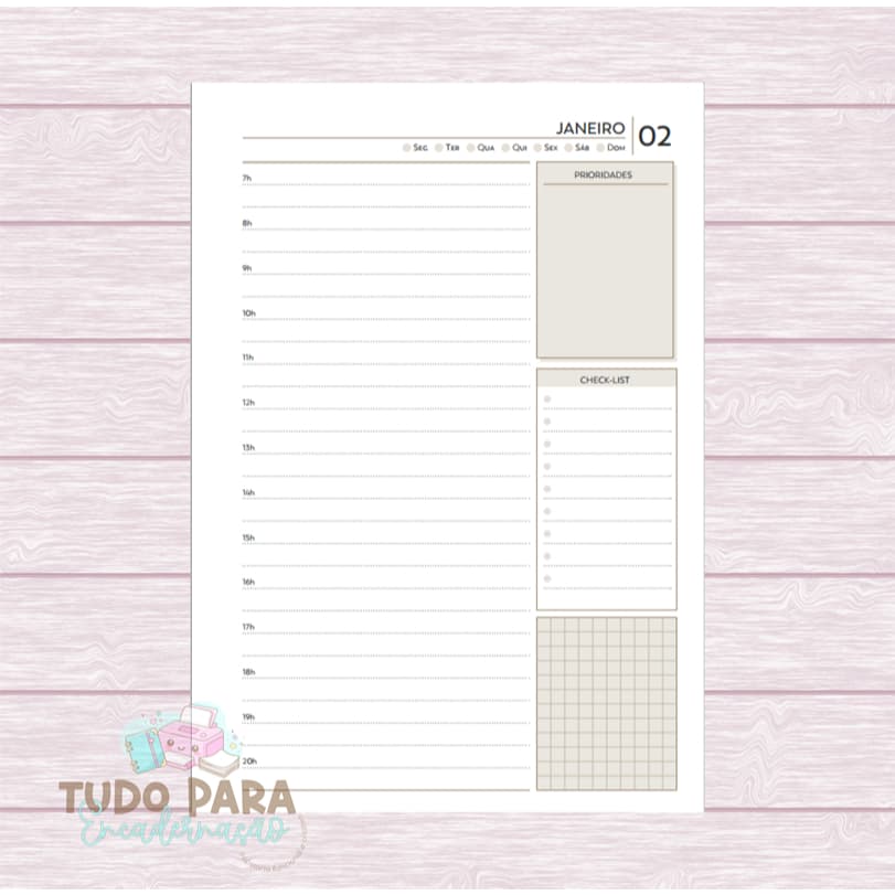 Miolo Impresso A5 para Agenda Permanente com  Checklist – 1 dia por página
