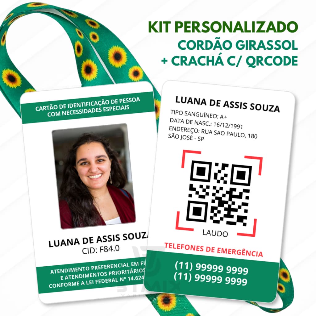 Kit Cordão Girassol com Crachá PVC Deficiências Ocultas c/ Qrcode do Laudo e Porta Crachá