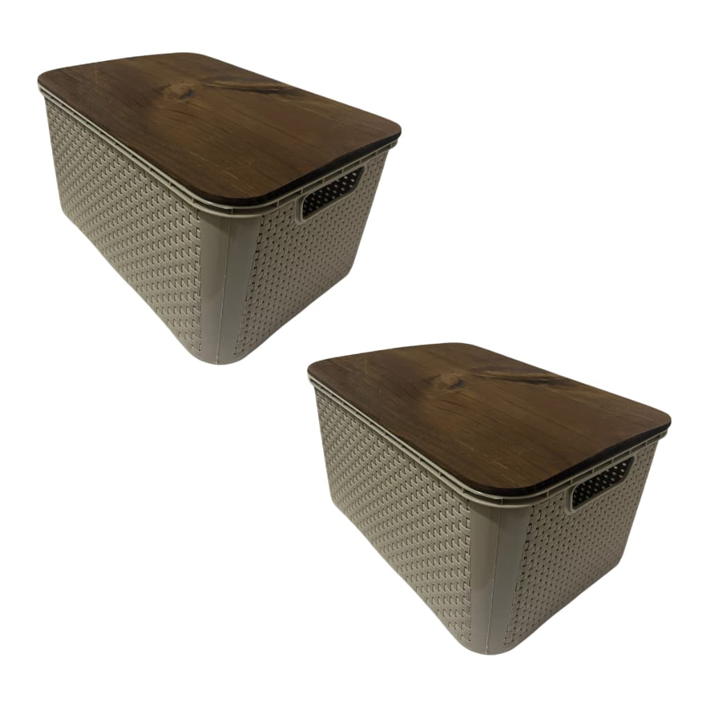 02 Caixa Organizadora com Tampa de MADEIRA PINUS Cesto Multiuso 18 Litros Rattan Empilhavel