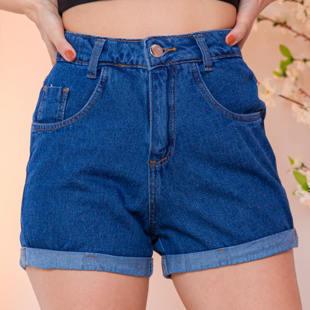 Short Bermuda Jeans Feminino Preto Barra Feita Liso Bainha