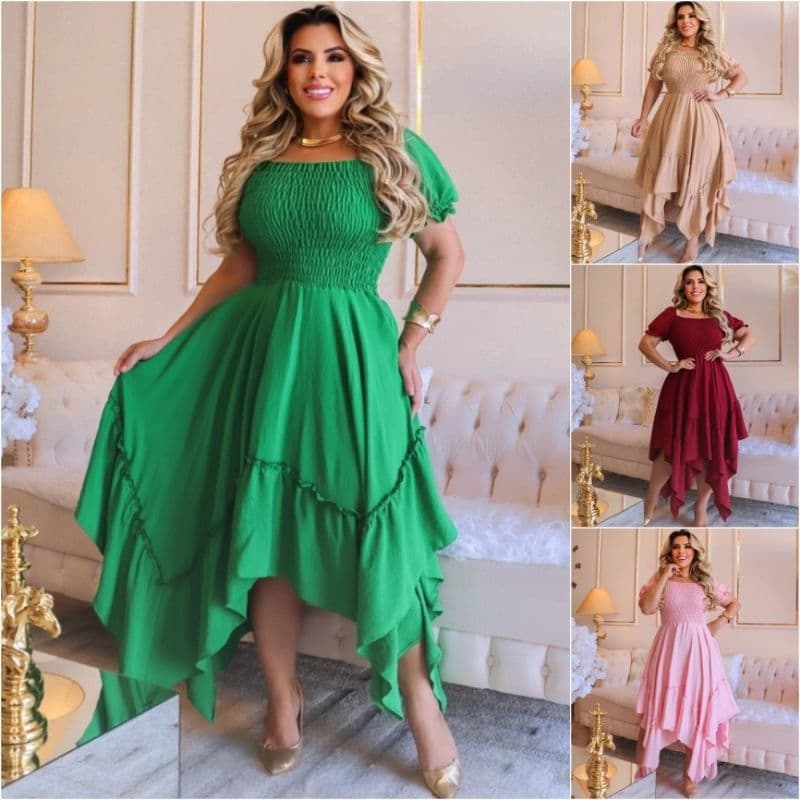Vestido Feminino Midi Lastex Pontas Manga Princesa Assimétrico Duna Malha Premium Moda Evangélica