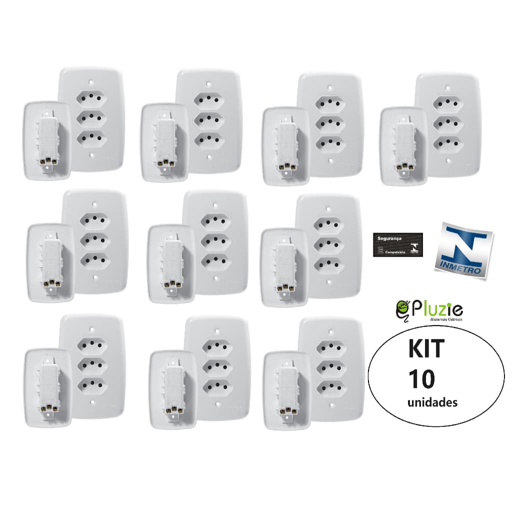 Kit 10 Tomada Tripla 10a Monobloco Linha Fácil Ligar Ideale Pluzie Cor Branca