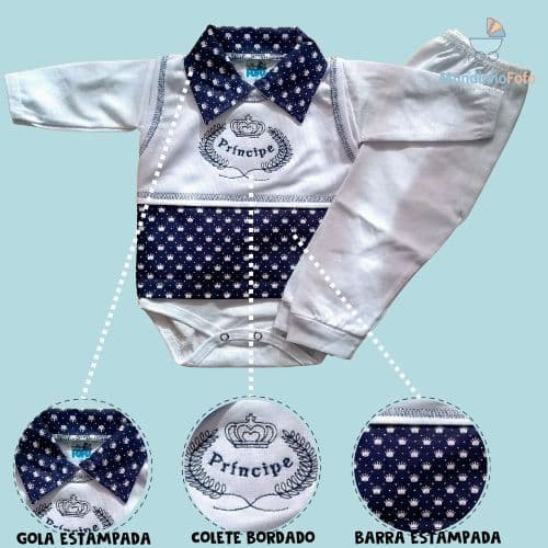 Conjunto Pagão Body Bebê Calça Colete Bordado Kit 3 peças, Menino