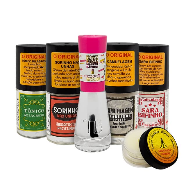 Kit SOS Unhas Base Camuflagem + Tônico Milagroso + Sara Bifinho + Sorinho Hidratante + Abençoada Cerinha + Piscou Secou