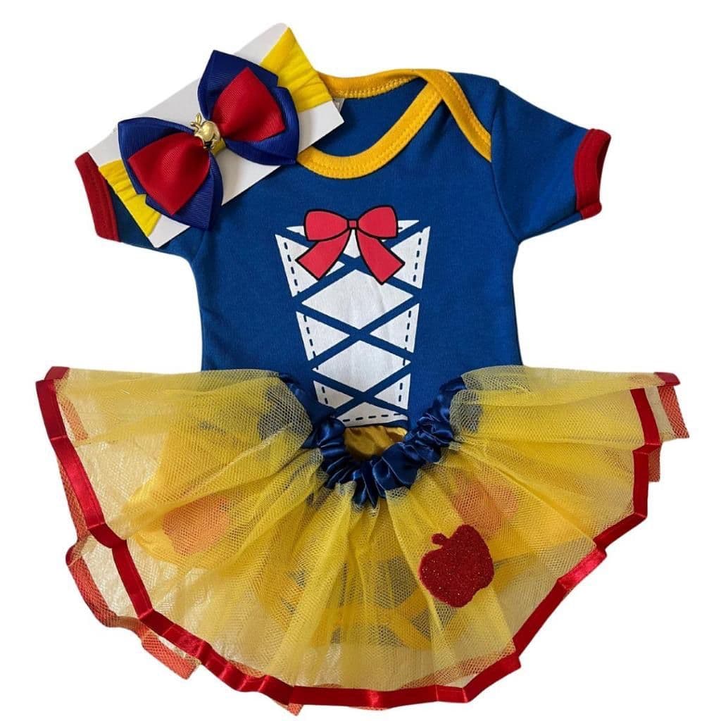 Body bebê temático branca de neve mesvesário infantil+laço+Tule+capa menina