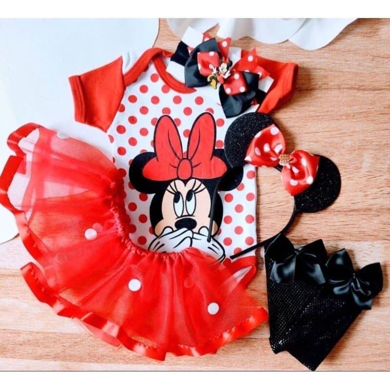 Body mesversário bebê menina Minnie Rosa e Vermelho