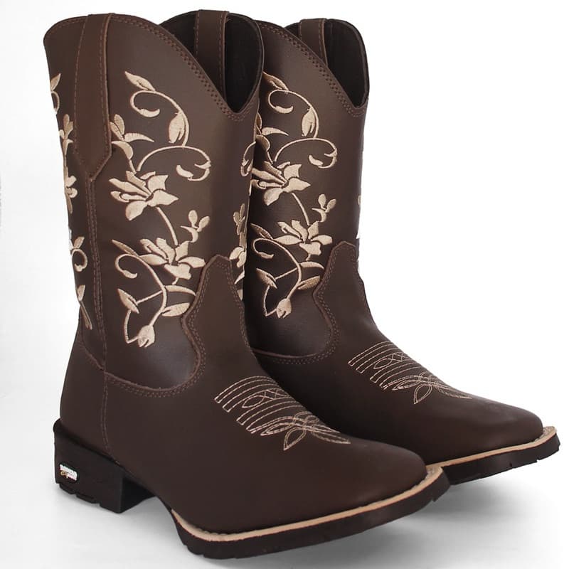 Bota Texana Feminina Em Couro Country Botina Bico Quadrado