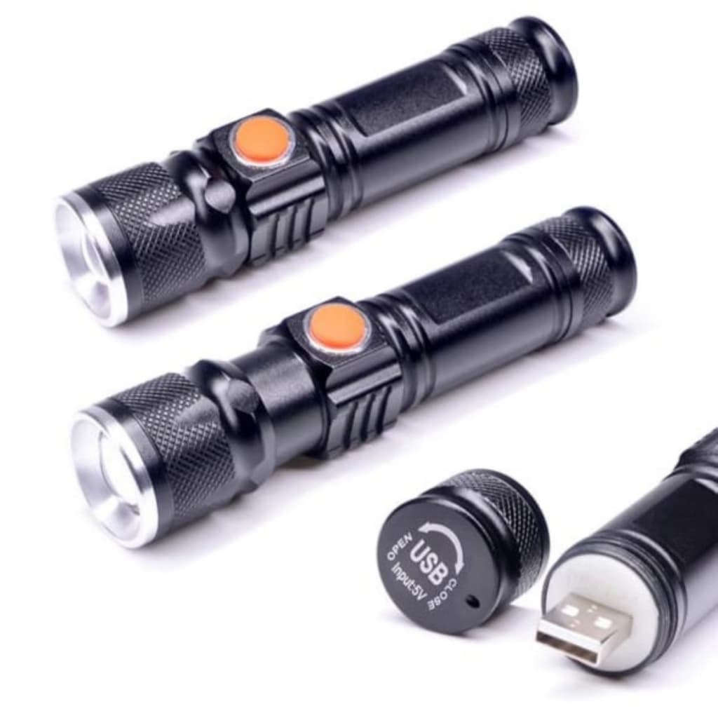 KIT 2 Lanterna Led Profissional RESISTENTE A Agua MINI ALUMINIO METAL RECARREGAVEL USB PRETA 11 CM