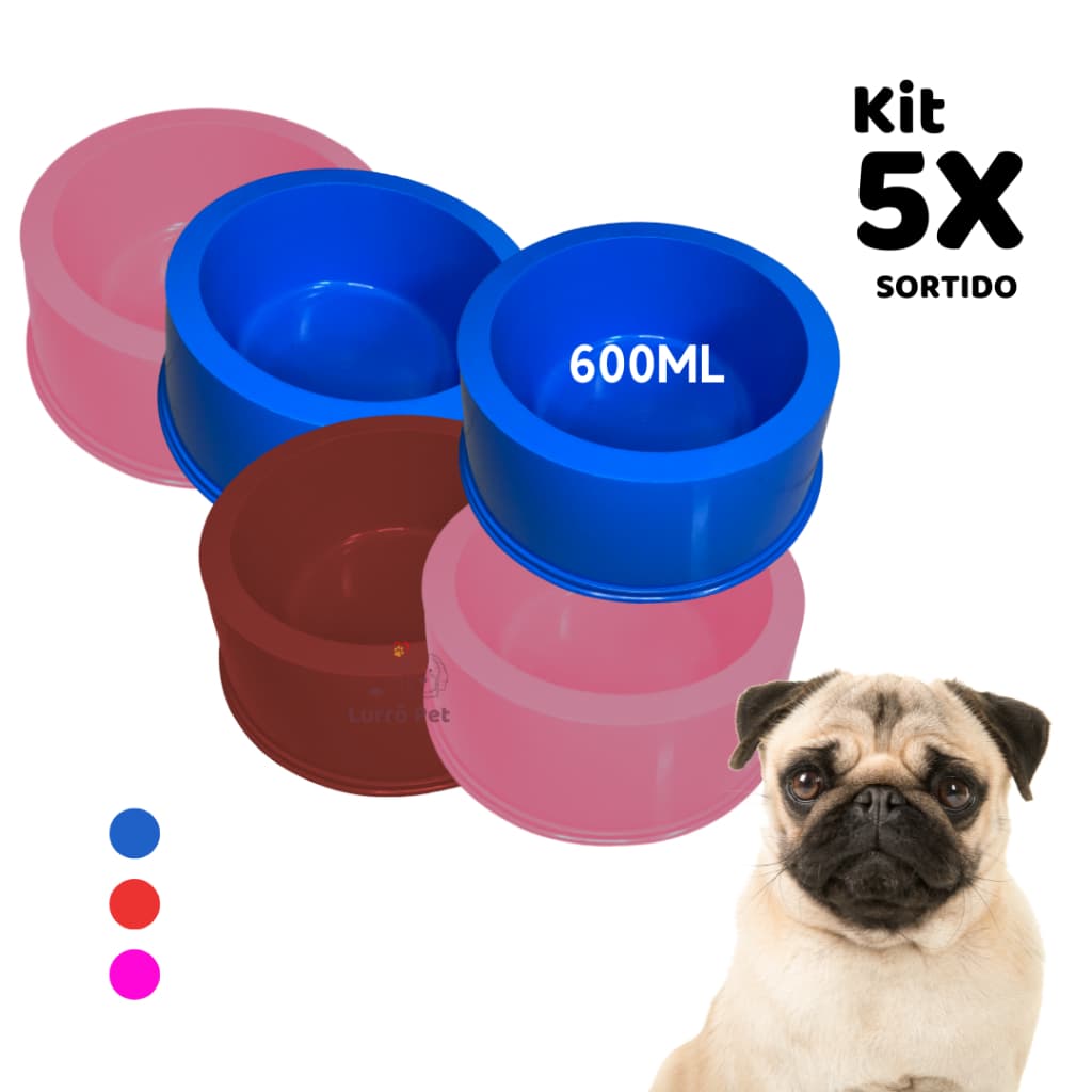 Kit 5 Comedouros Pote de Ração Pequeno Cachorro Gato Pet Nº2 SORTIDO 600Ml