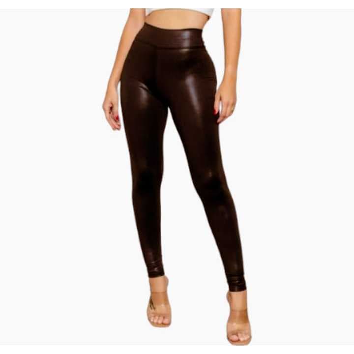 Calça Legging Cirre Cintura Alta Brilho Molhado Couro Lycra