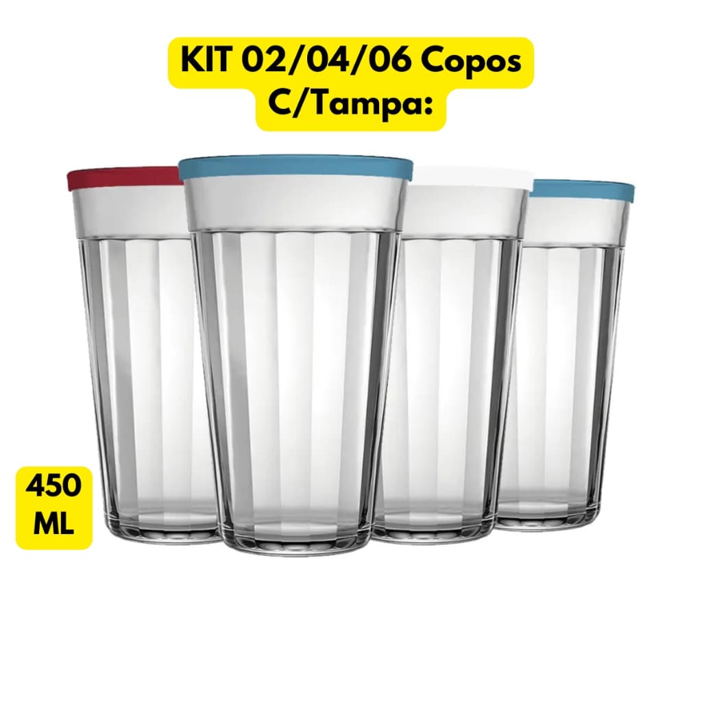 Jogo Kit 02/04/06 Copos Americano 450ML C/Tampa Grande Vidro Transparente Armazenar Bar Restaurante
