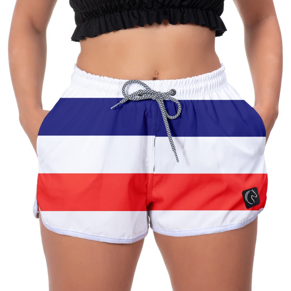 Short Feminino Moda Praia Premium Estilo Casual Com Bolsos e Secagem Rápida Branco,Azul e Vermelho