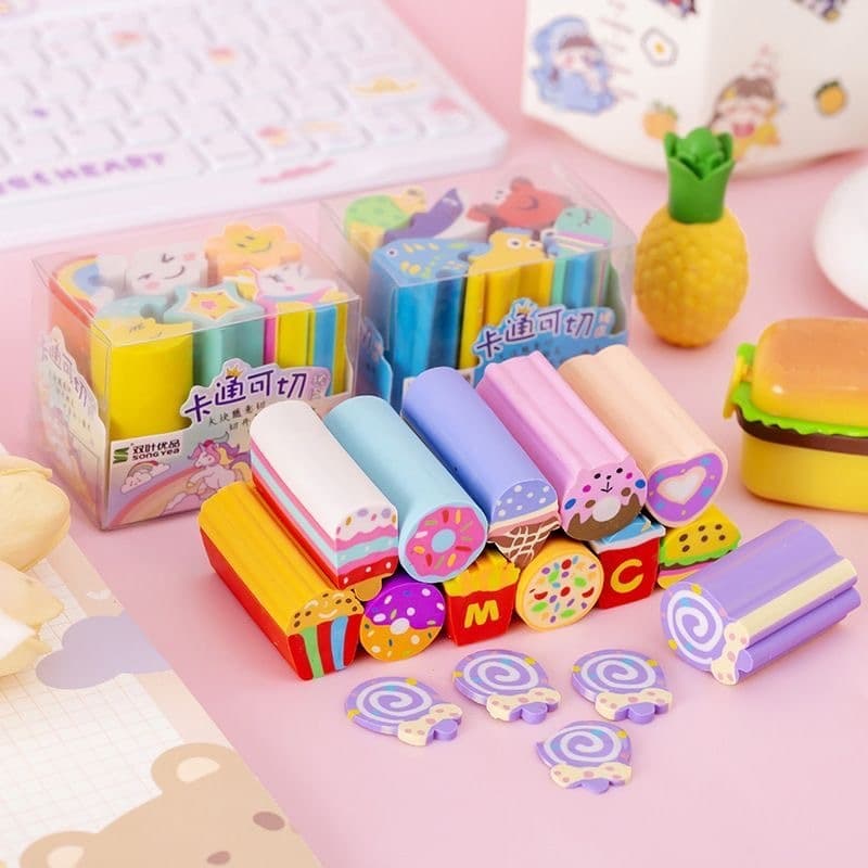 KIT COM 6 Borracha Escolar Ceu Romantico,Univero Colorido,frutas,sorvete picole e Aquatica Fofo Apagador
