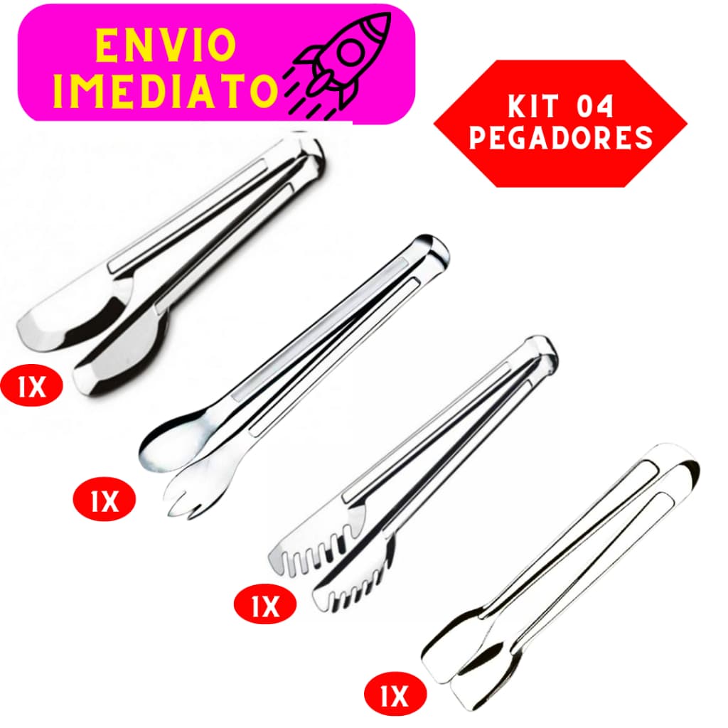 Kit 04 Pegadores 01 Universal 01 Frios 01 Massas e 01 Salada Aço Inox de Alta Qualidade Resistencia