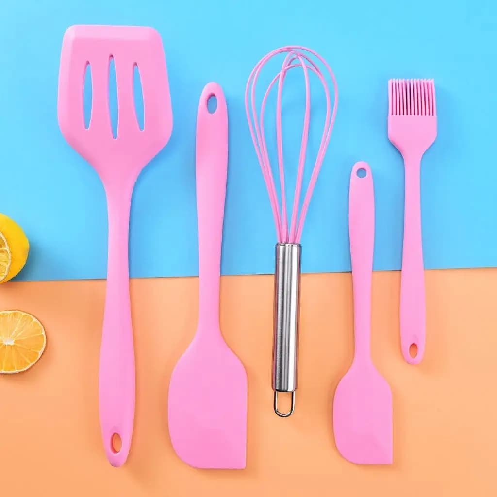 Kit 5 Peças Utensílios de Silicone Conjunto Culinário Com Espátula De Alimentos Pincel e Fouet Fuê
