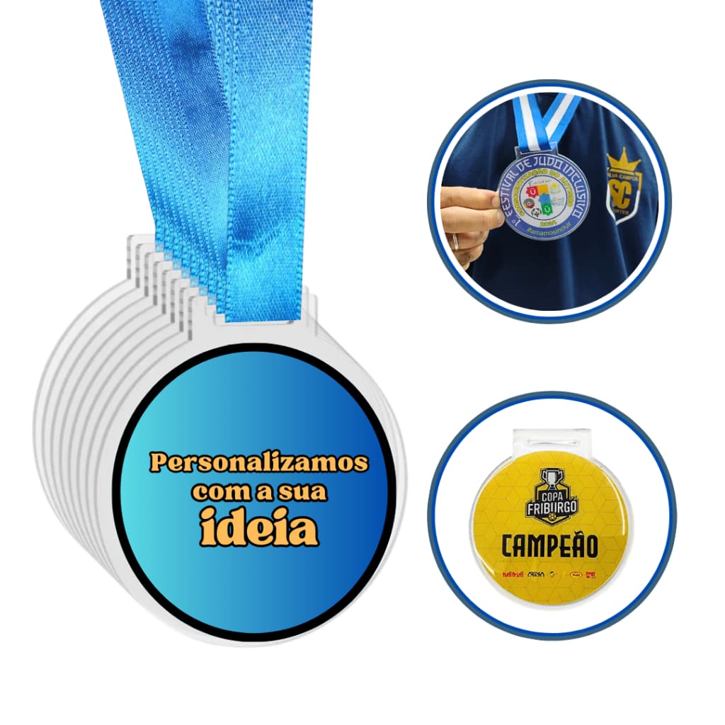 Kit Medalha de Acrílico 5, 6, 7 e 8 Resinada Personalizada Chaveiros  com Fita Diversas Quantidades