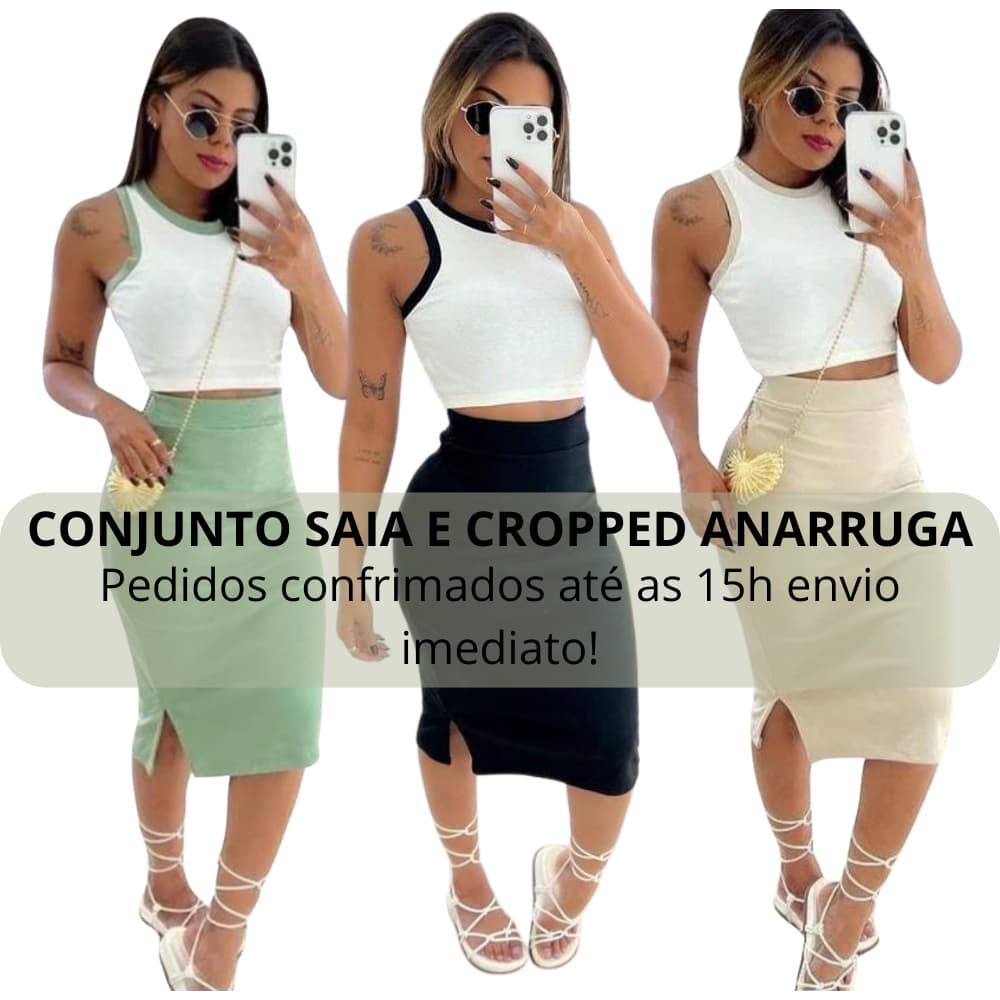Conjunto Cropped e Saia Midi Ribana Canelado com Fenda