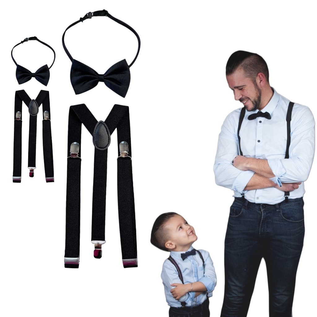 Kit 2 Suspensórios e 2 Gravatas Borboleta Infantil Adulto Pai e Filho Conjunto Social Casamento Evento