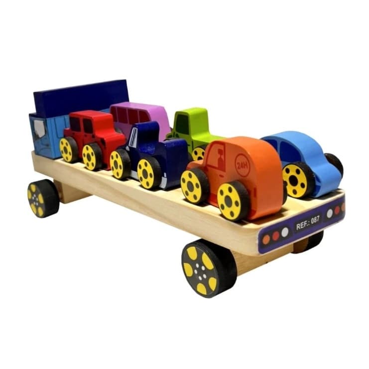 Caminhão Cegonha de Madeira Com 6 Carrinhos Brinquedo Menino