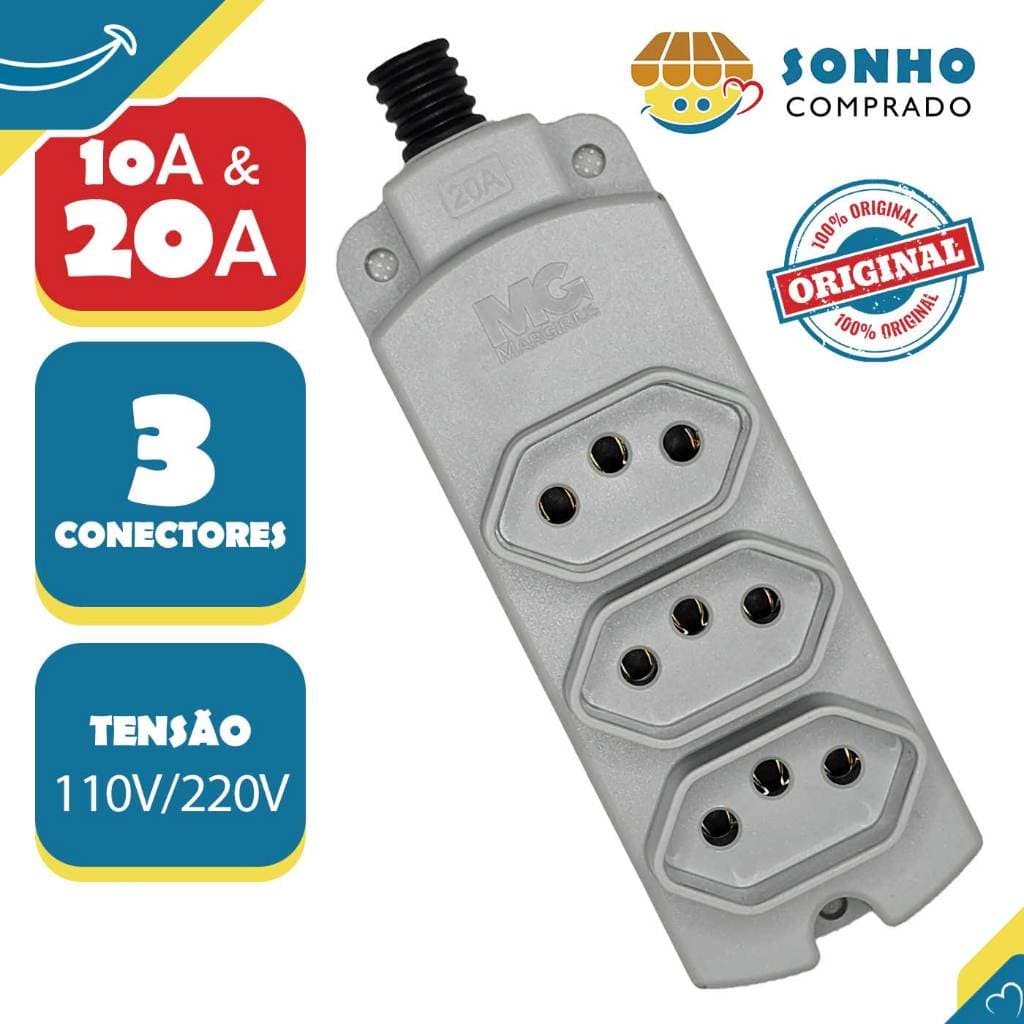 Tomada em Barra múltipla Tripla 3 Tomadas 10A/20A CINZA 17768 MarGirius