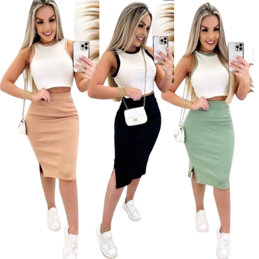 Conjunto Feminino Saia e Cropped Tecido Ribana