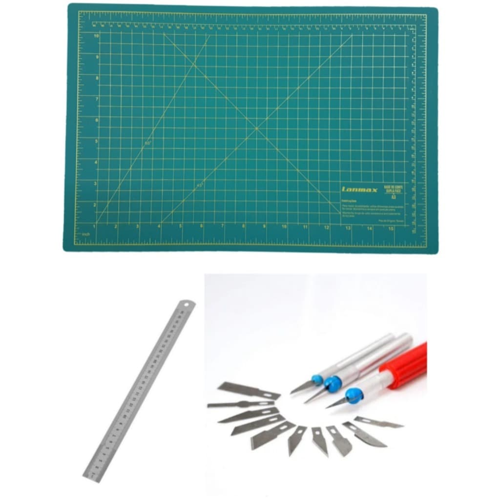 Base Corte A3 45x30cm + Estilete Bisturi 13 Pçs + Régua 30cm