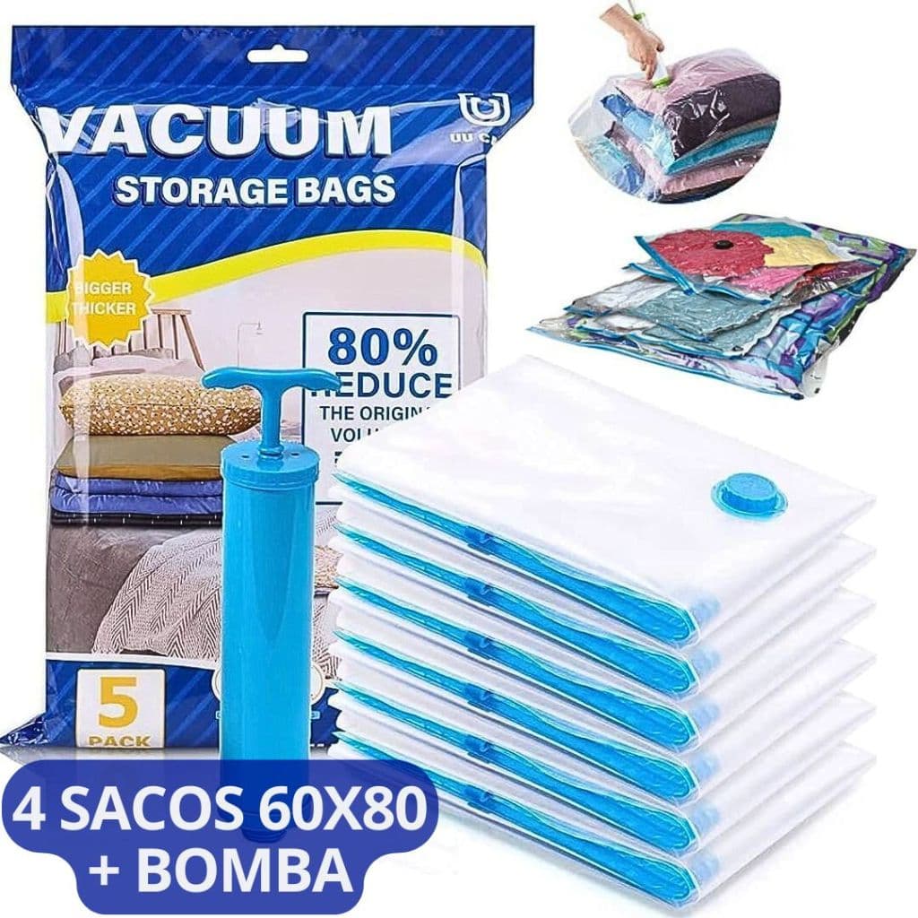 Kit 4 Saco Embalagem A Vacuo Hermético Organizador Roupas 60x80 Viagem Guarda Roupas + Bomba Sucção