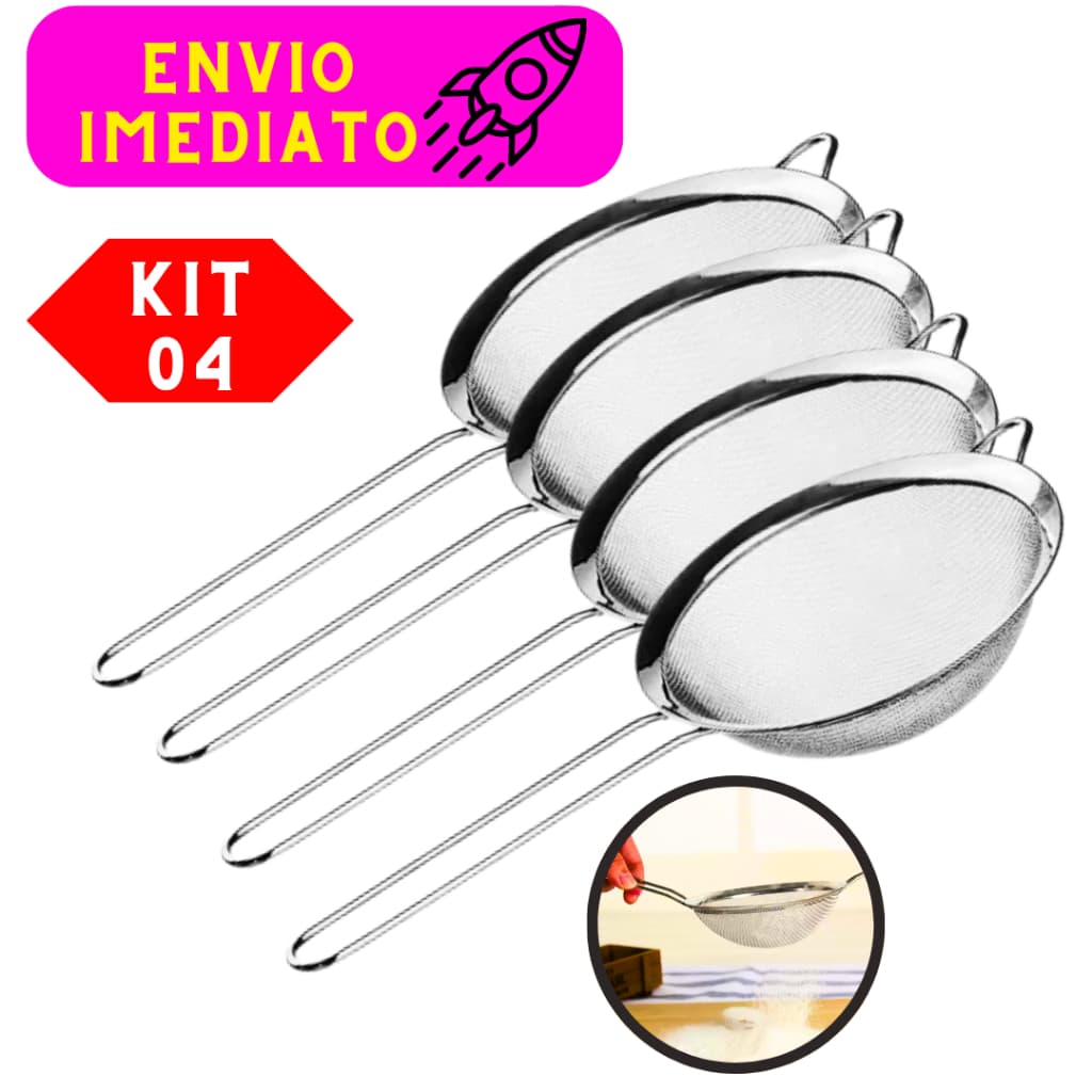 Kit 04 Peneiras Não Solta Nenhum Resíduo 100% Aço Inoxidável 10 Cm Ideal Para o Dia-Dia