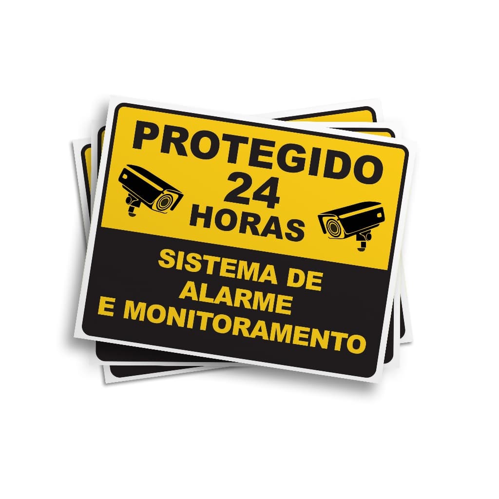 Kit 2 Adesivos Protegido 24horas Sistema De Alarme 16cmx20cm - Vinil Branco