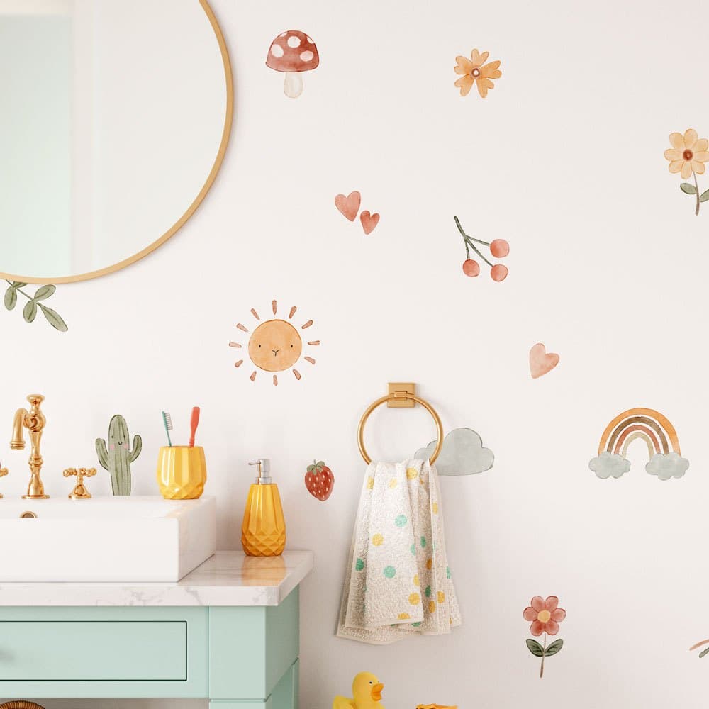 Adesivos de Parede Infantil Boho Aquarela: Sol, Cacto, Flores, Nuvem, Sol, Estrelas e Cogumelos