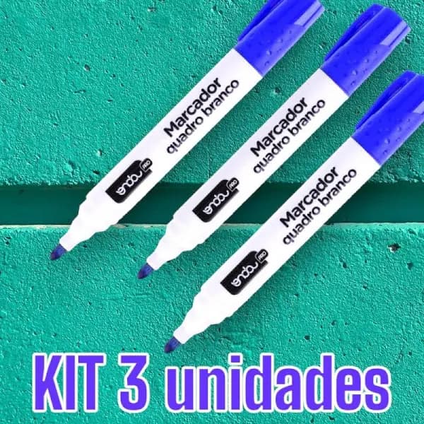 Kit 3 Canetas Marcador Pincel pra Quadro Branco Azul Escolar 3 Unidades