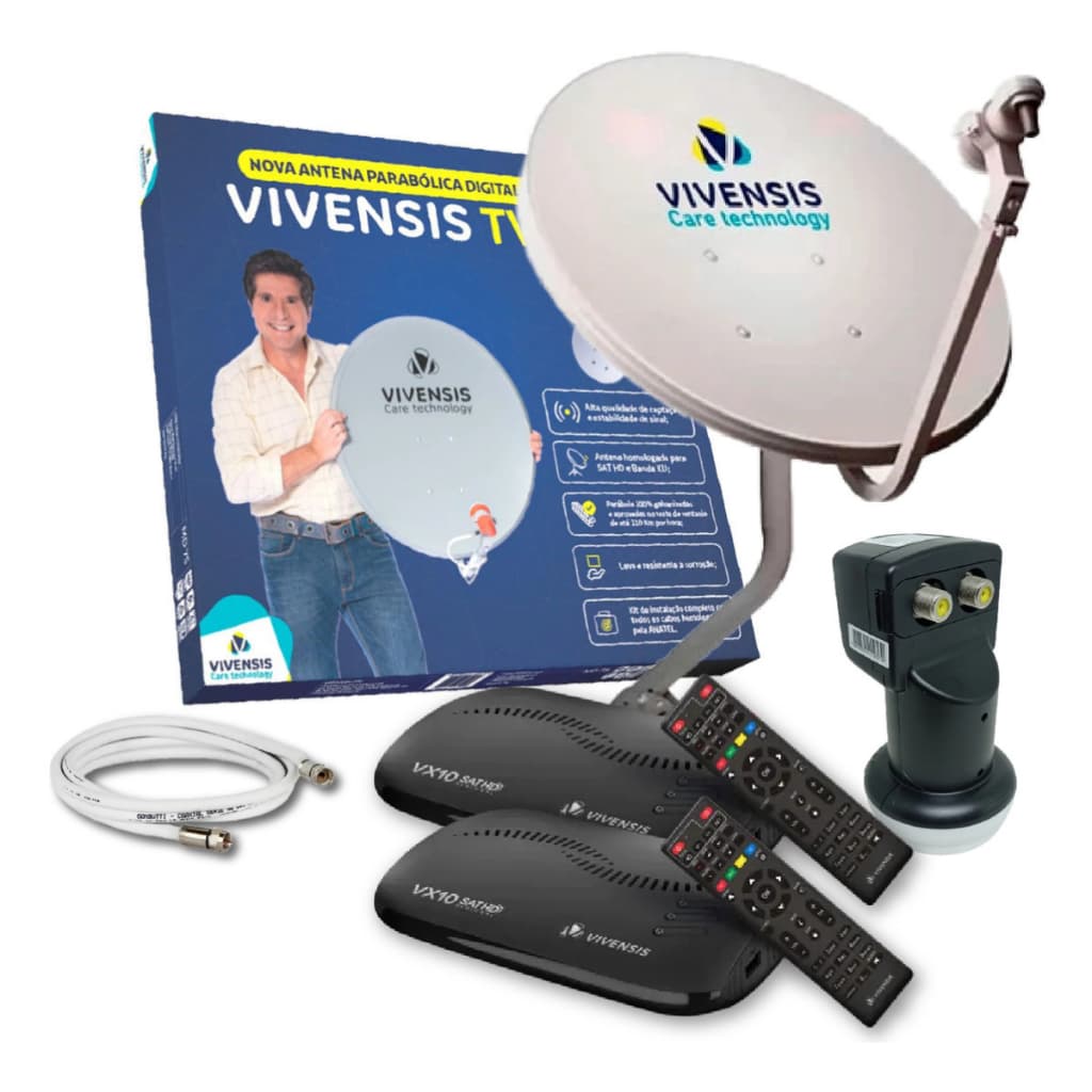 Kit Com Antena Parabólica Digital Ku 60cm com 2 Receptor Vivensis, LNBF Duplo, cabo e conectores